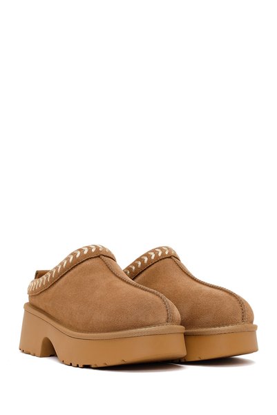 Derimod Women's Camel Thick-Soled Leopard Patterned Suede Leather Teddy Boots Wf565006Ds