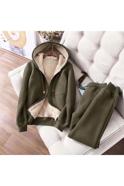 JANTIL MODA Set de trening unisex cu glugă și fermoar, căptușit cu fleece – S...