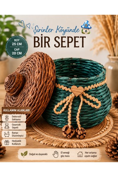 Tasarım Diyarı ndan Kapaklı Hasır Sepet Hediyelik Dekoratif Saklama Sepeti
