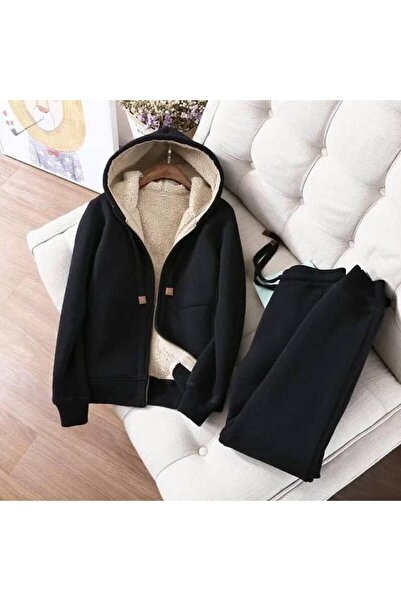 JANTIL MODA Set de trening unisex cu glugă și fermoar, căptușit cu fleece – S...