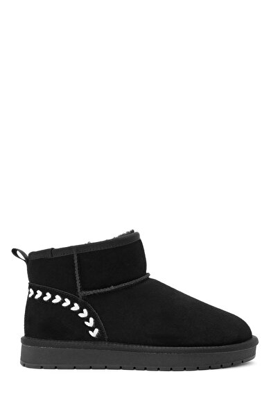 Derimod Women's Black Fur Detailed Suede Leather Teddy Boots Wf565000Ds