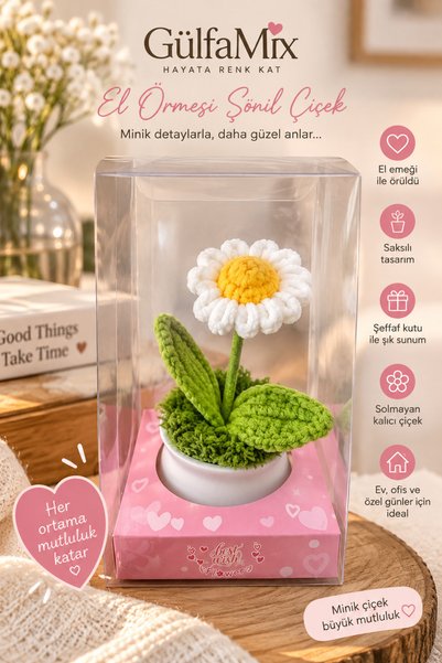 GÜLFAMİX El Örmesi Şönil Saksıda Dekoratif Solmayan Hediyelik Çiçek Asetat Ku...