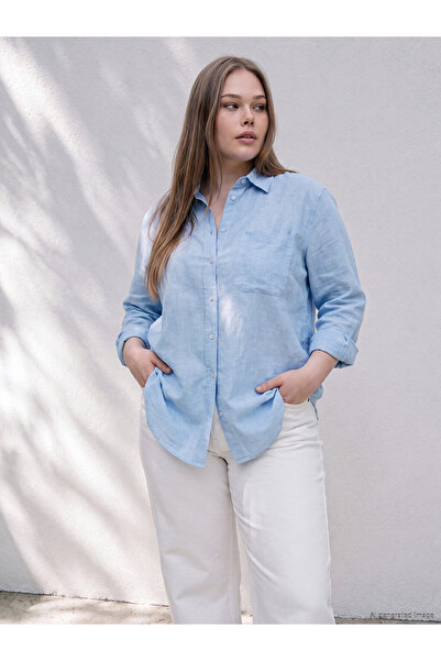 LC Waikiki Ozmarka New Season Blue Plus Size Linen Blend Women's Shirt
