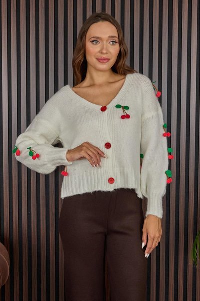 Ware Women's Knitwear Cherry Decorated Stylish Soft Cardigan