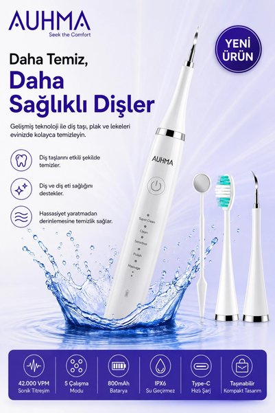 AyPenye Ultrasonic Şarjlı Elektrikli Akıllı Diş Temizleme Cihazı Beyazlatıcı 5 Mod 3+1 Başlık, IPX8 Su Geçi