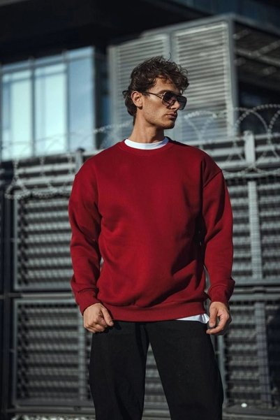 Generic Brand Men's Winter Crew Neck Three Yarn Basic Sweatshirt - Burgundy
