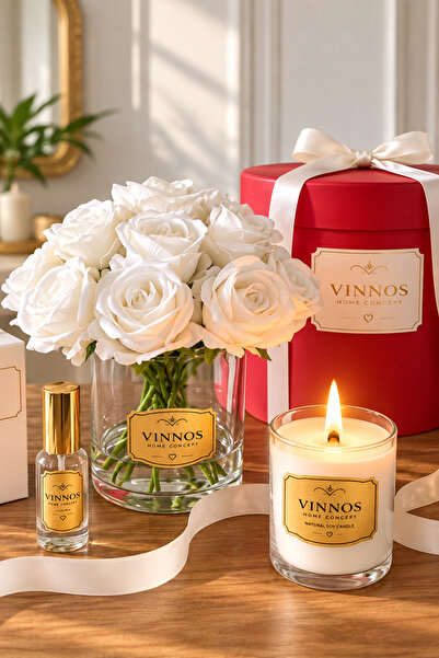 VINNOS HOME CONCEPT 15 Güllü Dekoratif Çiçek Seti | 325 gr Mum | 30 cc Parfüm...