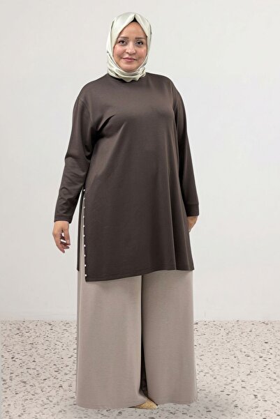Eslina 68104 Large Size Side Slits Beyoğlu Stone Modal Tunic - Brown