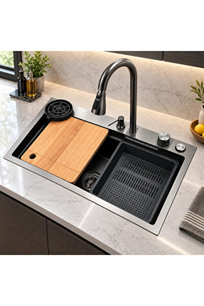 Wonderful-kitchens مجلى الشلال نانو خلية أسود 75×46 سم – متعدد الوظائف وديجو