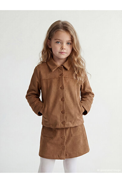LC Waikiki Lcw Kids Brown Suede Look Flat Loose & Baggy Girls' Jacket with Ne...
