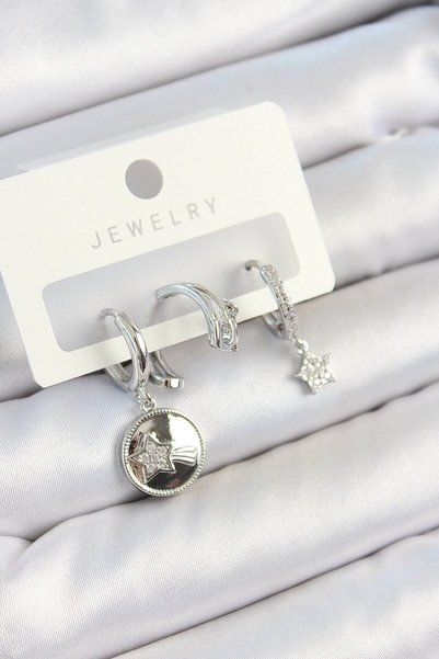 Skygo Brass Zircon Stone Dangle Star Model Silver Color 3-Piece Double Women'...