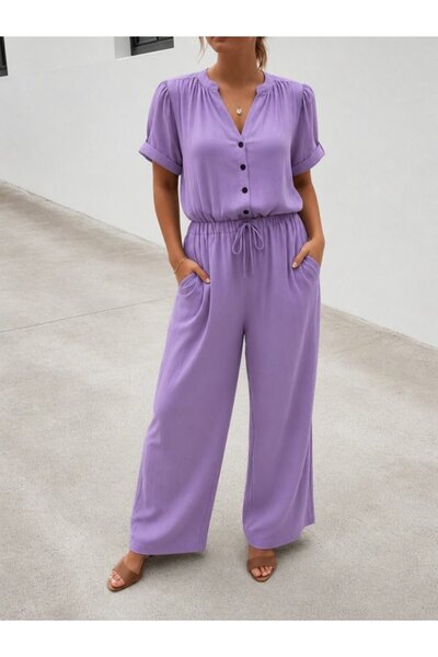 Modazun Women's Short Sleeve V-Neck Woven Viscose Jumpsuit with Pockets