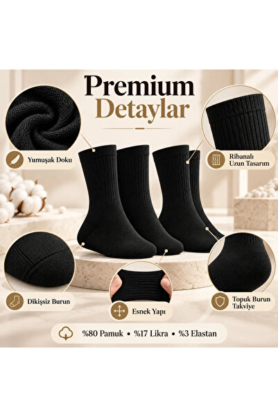 TeOraStore Unisex Siyah Soket Çorap 12'li Set Düz Basic Ribanalı Günlük Spor Esnek Rahat Uzun Çorap Konforlu Se