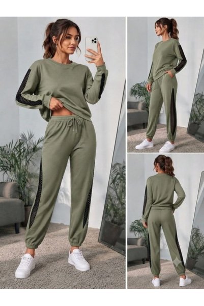 bysocafashion طقم رياضي نسائي من قطعتين، بلون كاكي، مزين بشريط شبكي، وياقة دا...