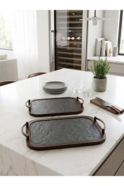 Generic Dark Wood Grain Pattern Serving Tray Set