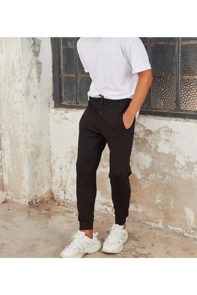 DRN TEKSTİL Mnk Sport - Unisex Men's Black Narrow Leg Jogger Sweatpants Ribanali