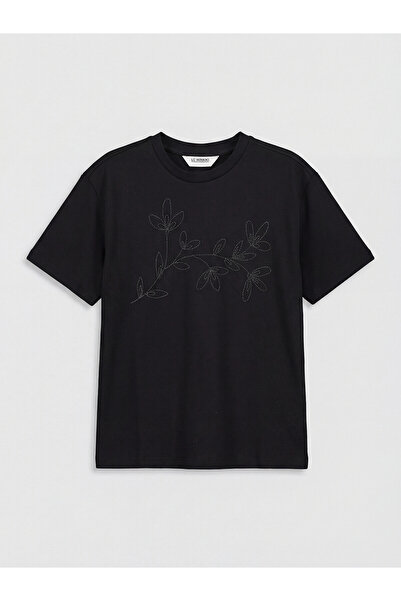LC Waikiki Alita City Lcw Kids Black Oval Collar Embroidered Girls' T-Shirt w...