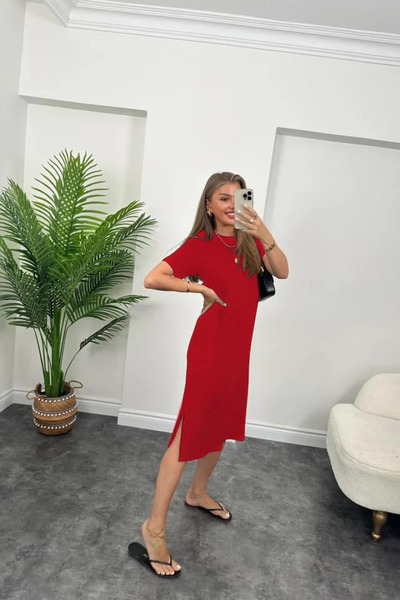 bysocafashion Women's Short Sleeve Slit Detailed Loose Viscose Dress