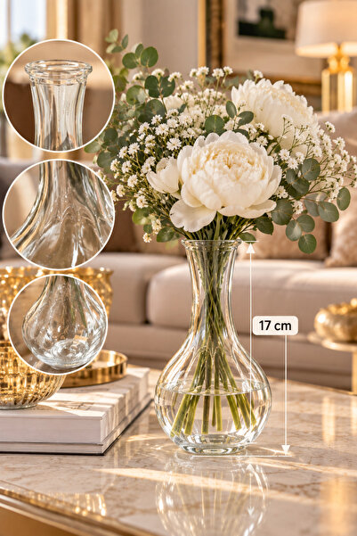 Emsay Store 17 cm Şeffaf Cam Vazo – Dekoratif Bohem Çiçek Vazosu – Modern Mas...