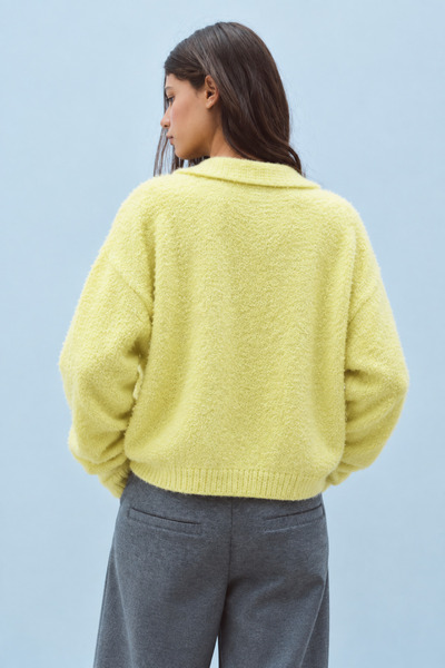 Asfaha Fashion Women's Yellow Shirt Collar Buttoned Soft Textured Knitwear Cardigan