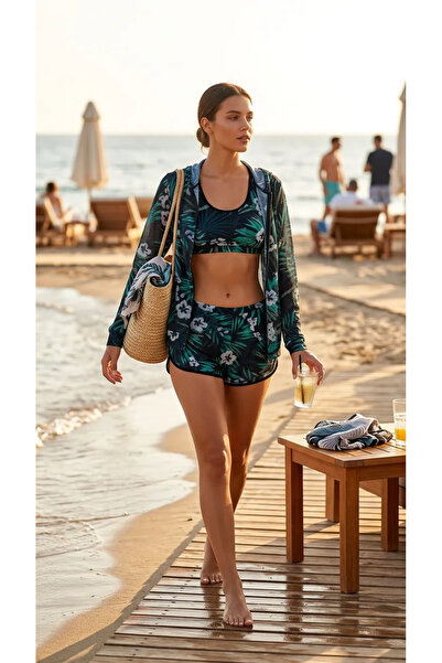 Kadın Tropikal Desenli 3'lü Set: Fermuarlı Kapüşonlu Ceket, Şort ve Bralet Akıllı Bikini Takımı (UV Korumalı)