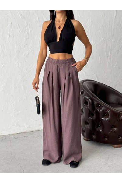 Moodel Front Pleated Cotton Soft Fabric Pants with Elastic Waist