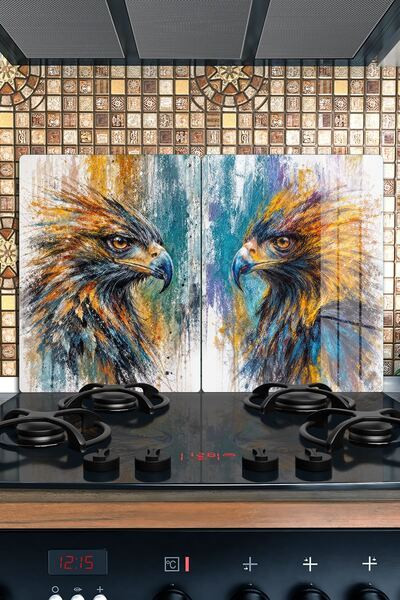 Ocak Arkası Cam Koruyucu – Kartal Desen Isıya Dayanıklı Dekoratif Cam Panel 40 x 30 cm * 2 adet