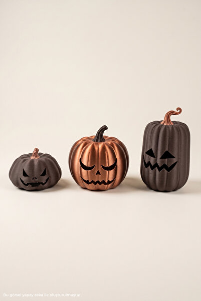 Cadılar Bayramı Bal Kabağı Seti 3'lü Pilli LED Mumlu Halloween Dekor PLA 3D Baskı