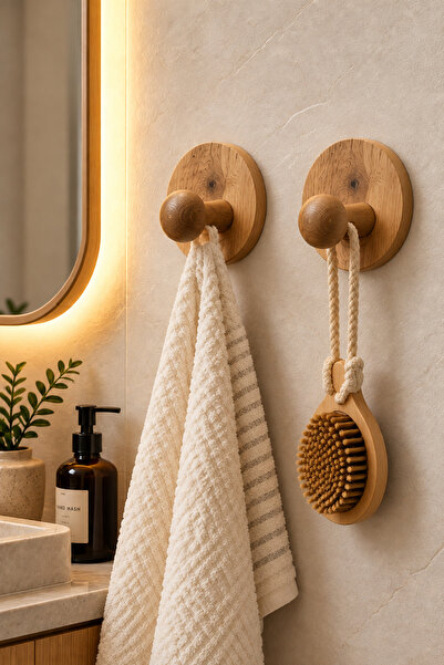 2'li Yuvarlak Masif Ahşap Duvar Askısı Banyo Mutfak Havlu Bornoz Çanta Askılığı