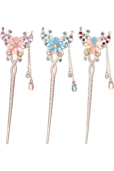 GENERAL Metal Butterfly-Shaped Chopsticks, 3-Piece Set of Classic Hair Sticks...