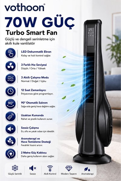 AyPenye Turbo Smart Akıllı Fan Led Ekranlı Kumandalı 90° Hareketli Serinletici Soğutucu Kule tipi Vantilatör