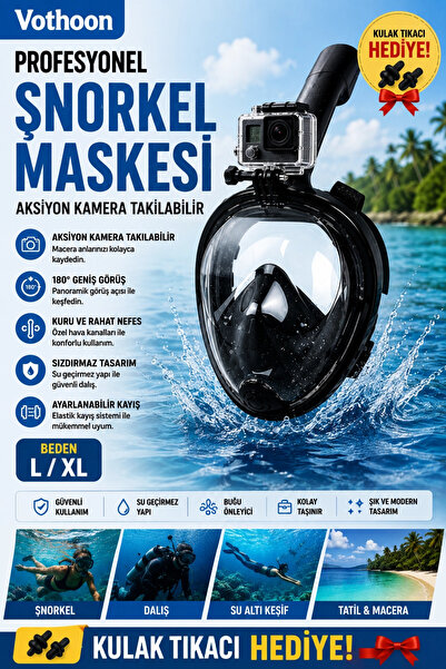 AyPenye Profesyonel Tam Yüz Şnorkel Maskesi Dalış Maskesi Kulak Tıkacı Hedıye L/XL Siyah