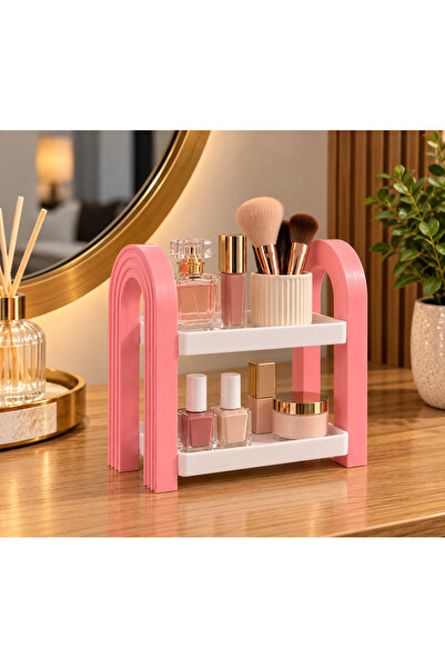 2 Katlı Çok Amaçlı Organizer – Makyaj, Parfüm ve Oje Düzenleyici – Pembe Beyaz