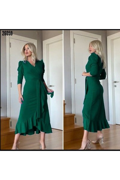 Modazun Women's green crepe midi dress with belt and long sleeves