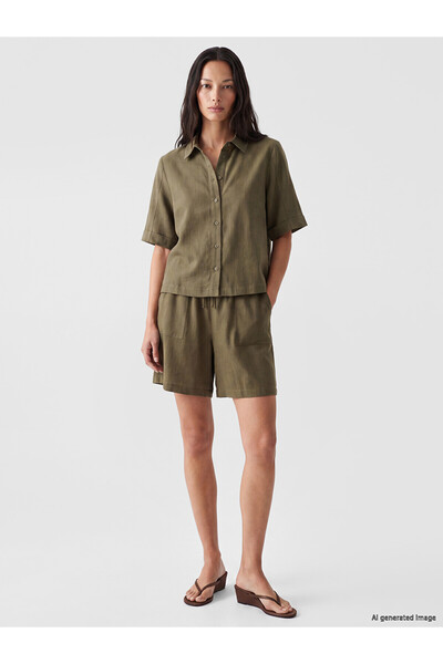 LC Waikiki Two Mt Shop Quality Lcw Everyday Khaki Elastic Waist Linen Look Wo...