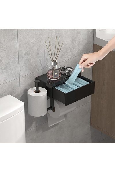 GENERAL Modern Wall Mount Toilet Paper Holder with Storage Shelf, Black Bathr...