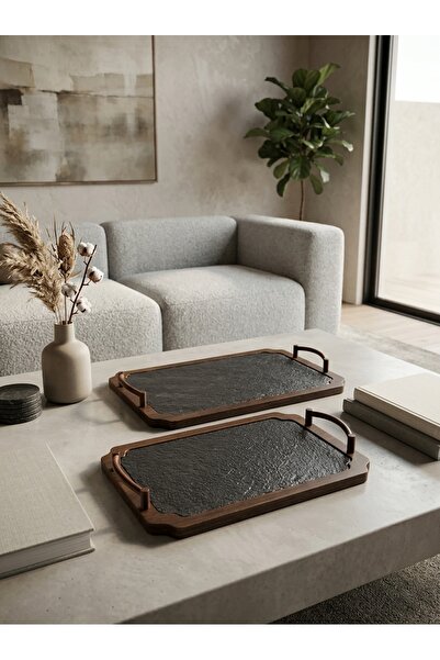 Generic Dark Wood Grain Pattern Serving Tray Set