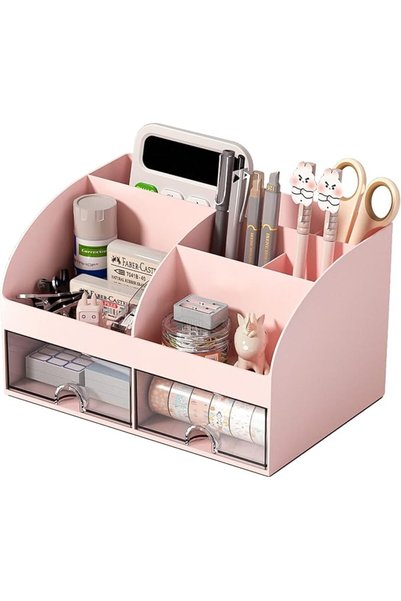 COMFYROOM منظم مكتب بـ 6 أقسام و2 أدراج، منظم مكياج بلاستيكي، حامل أقلام لـ