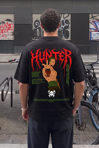 Sekizbiraltı Tricou oversize negru cu imprimeu Hunter