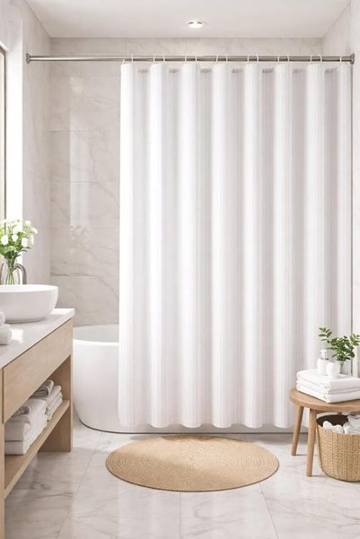 Bliss Casa White Stripe Shower Curtain for Bathroom(180x200 cm), Hotel Qualit...