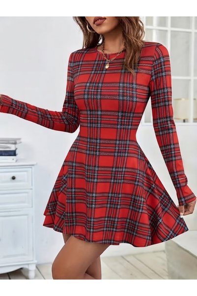 bysocafashion Women's Red Plaid Patterned Crew Neck Long Sleeve Flared Skirt ...