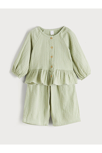 LC Waikiki Alita City Farkıyla Lcw Baby Green Oval Collar Baby Girl Muslin Sh...