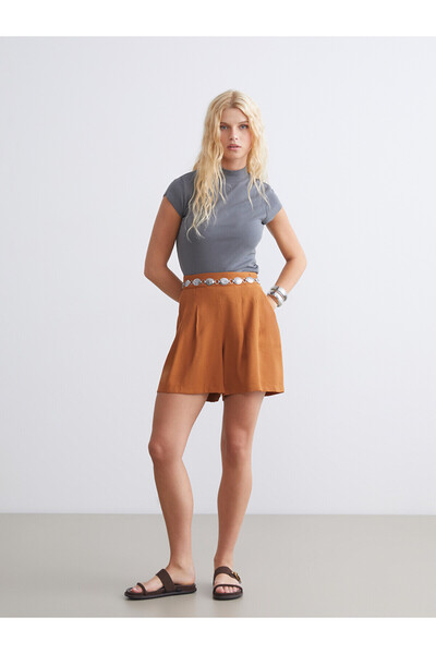 LC Waikiki Two Mt Shop Quality Xside Orange Women's Pleated Shorts with Elast...
