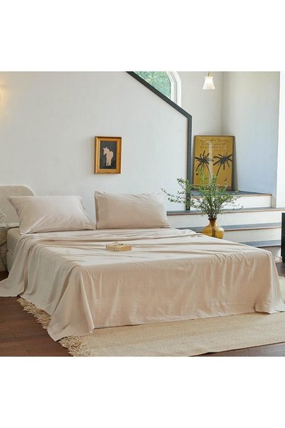 Simple&Opulence طقم ملاءات سرير من القطن المغسول 100% - 4 قطع، مقاس كينج، بتص...