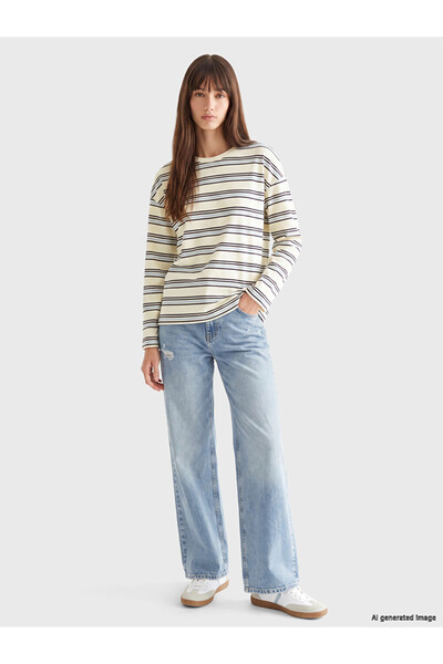 LC Waikiki XSIDE Sarı Çizgili Oversize %100 Pamuklu Kadın Tişört