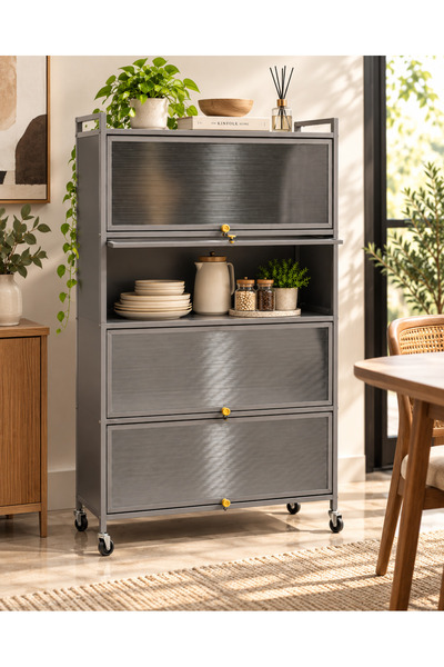 Roman Gifts 4-Tier Steel Storage Cabinet with Wheels – Grey Metal Kitchen Cab...