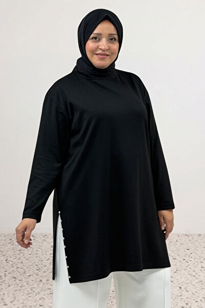 Eslina 68104 Large Size Side Slits Beyoğlu Stone Modal Tunic - Black