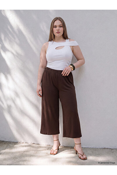LC Waikiki Alita City Lcw Curve Brown Combed Cotton Straight Loose & Baggy Wo...