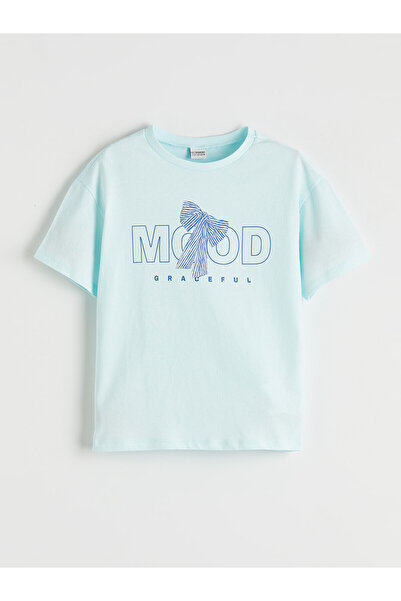 LC Waikiki Two Mt Shop Quality Turquoise Oval Collar Slogan Printed Girls' T-...
