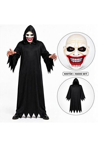 Kanlı Gülüş Maskeli Siyah Kapüşonlu Kostüm Seti 140 cm